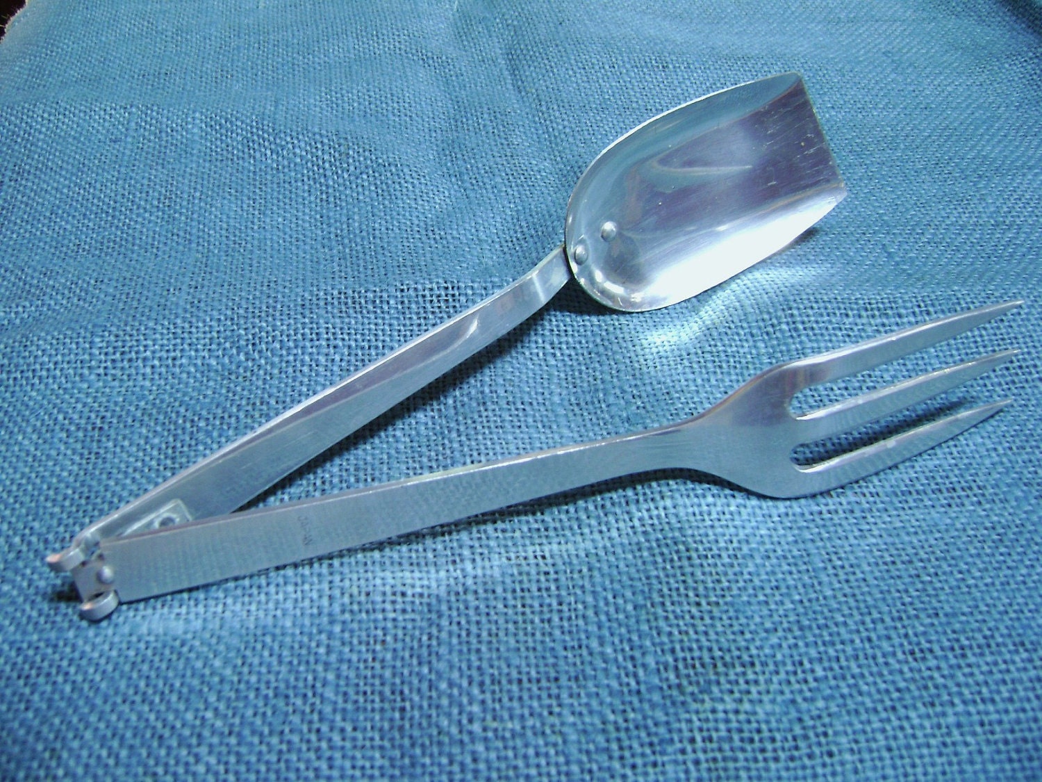 Vintage Salad Server Tongs, Silver Toned, Japan, Hinged, Shovel Shaped Spoon and Fork, Wedding Dinner Entertaining, Marked Down
