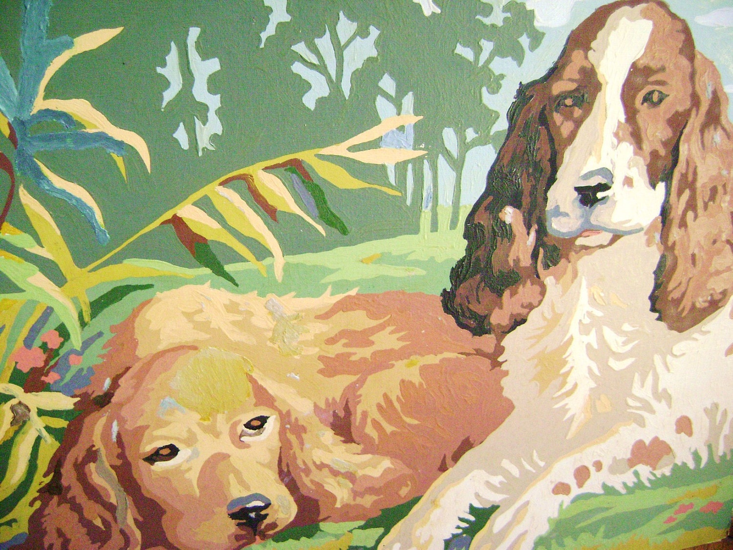 Vintage Paint by Number,  Springer Spaniel Dogs, Large Canvas, Oil Painting, Puppies, Pets, Outdoors, Hunting, PBN Handmade