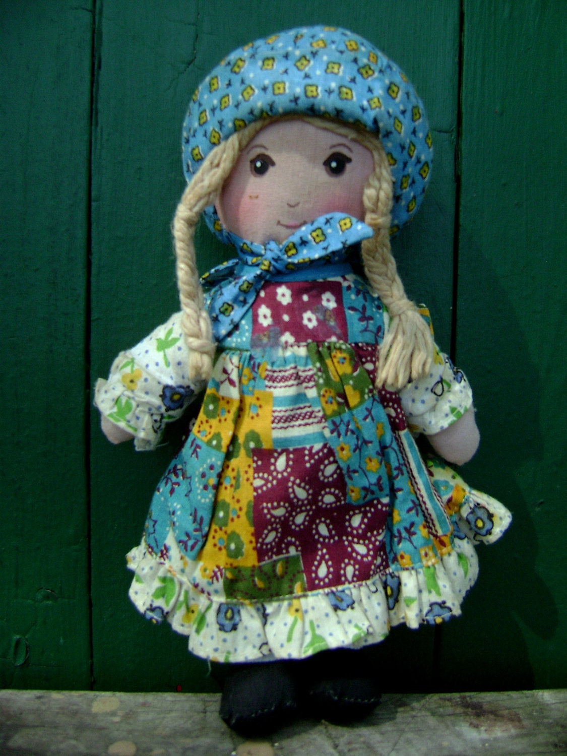 Vintage Holly Hobbie Cloth Doll, Knickerbocker Toys, The Original, Sweet Patchwork Girl, Braids, Bonnet, Apron