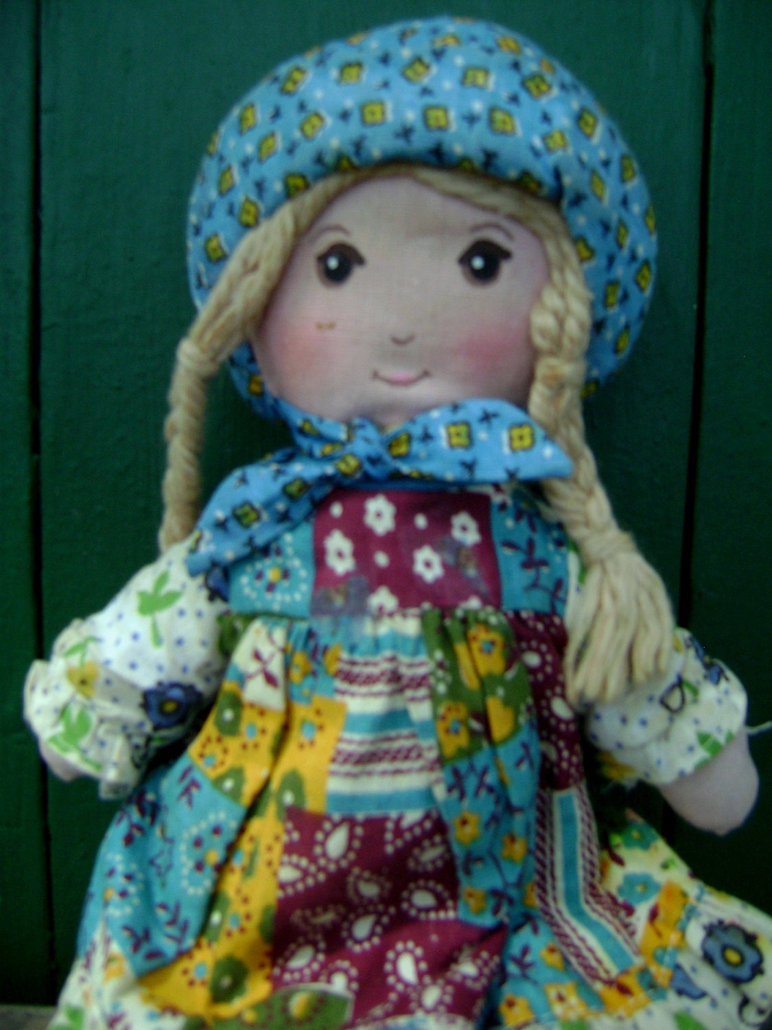 Vintage Holly Hobbie Cloth Doll, Knickerbocker Toys, The Original, Sweet Patchwork Girl, Braids, Bonnet, Apron