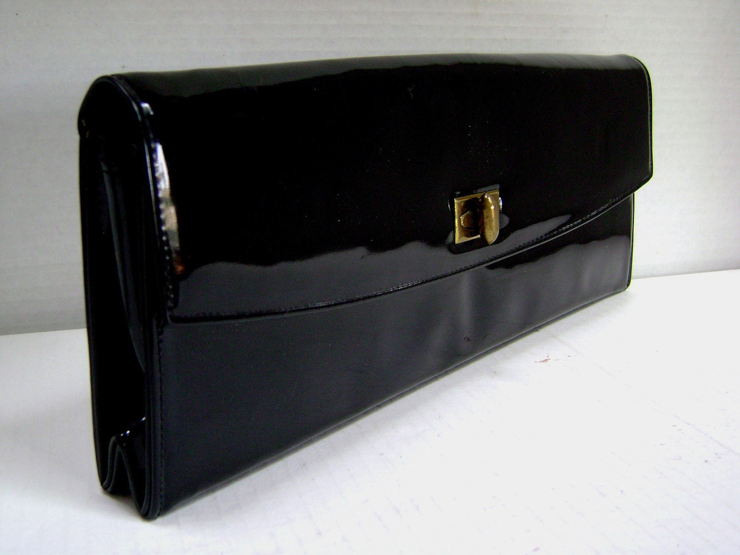 Vintage Purse Black Patent Leather, Rolfs Brand, Handbag, 60s Sleek Shiny and Chic, Beautiful Classic, Envelope Clutch