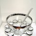HOLDING FOR PATRICK 14 Piece, Silver Rimmed Punch Bowl, Ladle, Roly Poly Glasses, Mid Century Mad Men Bar Ware