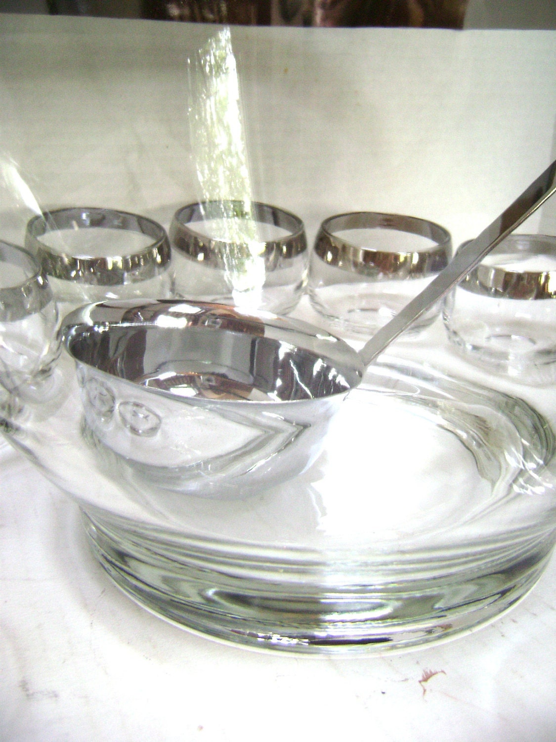 HOLDING FOR PATRICK 14 Piece, Silver Rimmed Punch Bowl, Ladle, Roly Poly Glasses, Mid Century Mad Men Bar Ware