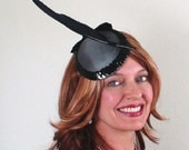 SALE - Eco Friendly Sculptural Art Cocktail Hat - Grey Acetate with Black Sequins and Feather, BSP073
