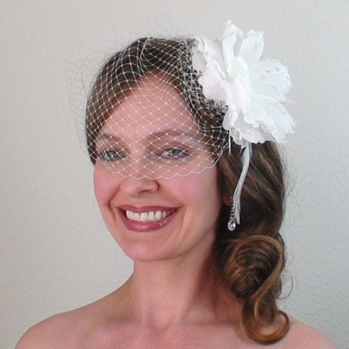 SALE - White Crystal Bridal Rose with Optional Veil - BSP087 - OOAK