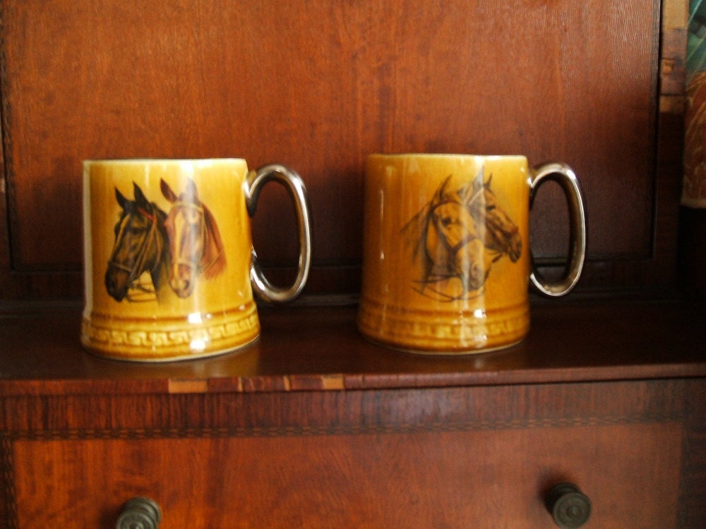 Beautiful Set Of 2 Vintage English Horse Mug Steins, Heavy 12 oz. Glazed Ceramic
