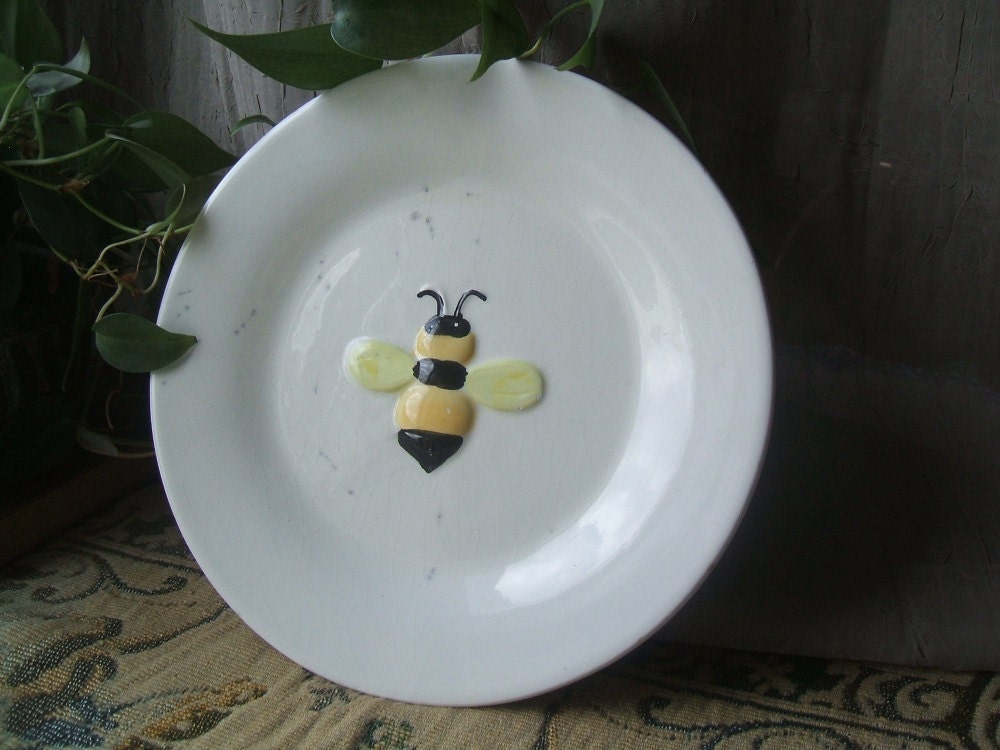 Sweet Vintage Embossed Honey Bumble Bee Plate For Your Country Kitchen, Hand Painted Bas Relief, Signed PAI, China