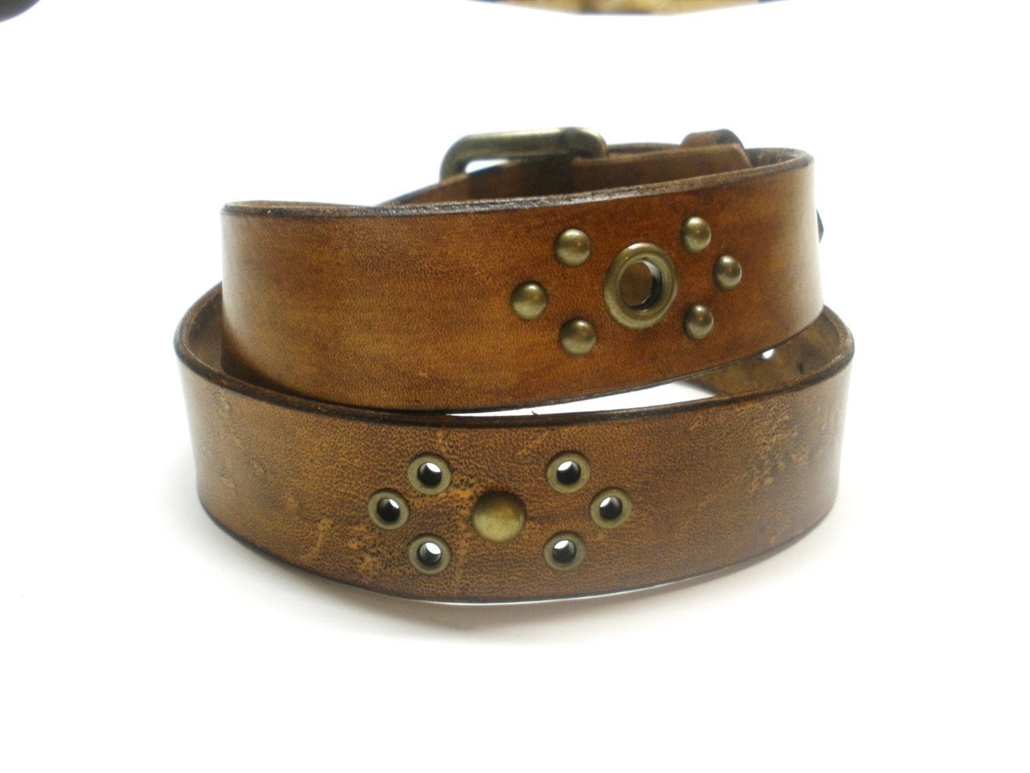 Rugged Brown Leather Belt Antiqued Brass Accents Womens  Mens