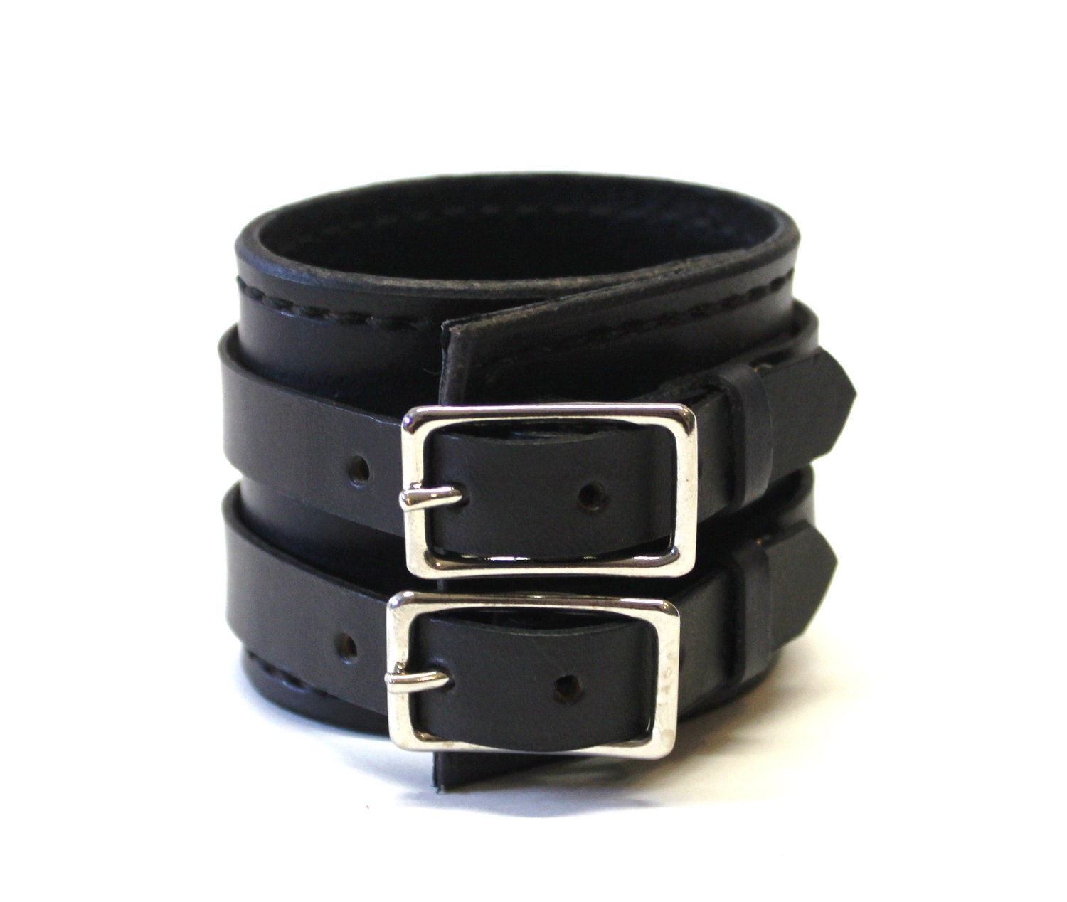 Black Leather Cuff Bracelet Adjustable with Buckles Mens Womens