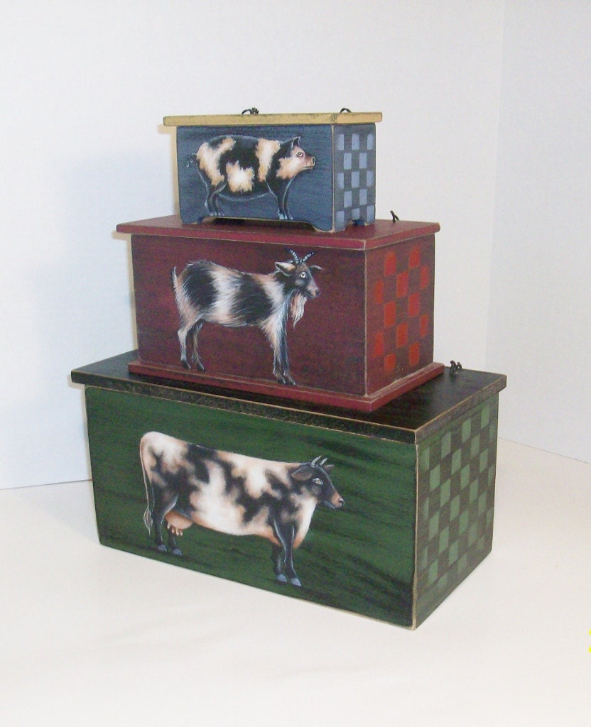 Stacking Handpainted Boxes, Farm Animals, Pig, Goat, Cow
