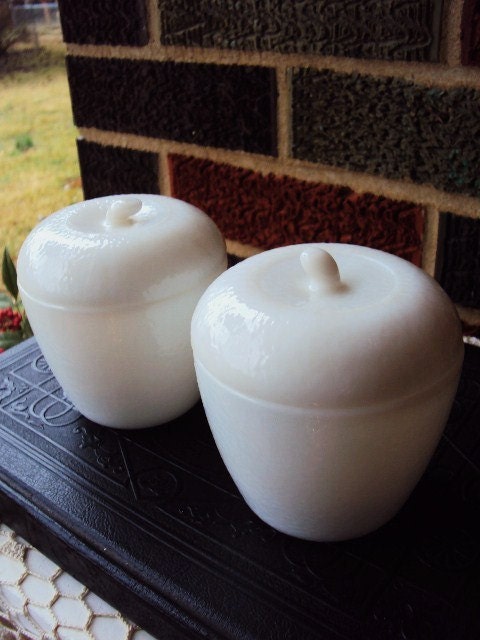 Vintage Milkglass Apple Fruit Jar Containers Cream and Sugar Set