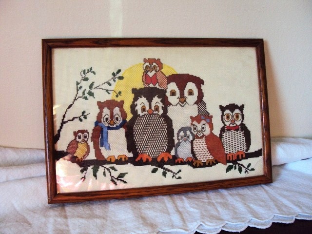Vintage Owl Cross Stitch Picture ... Owl Family Portrait
