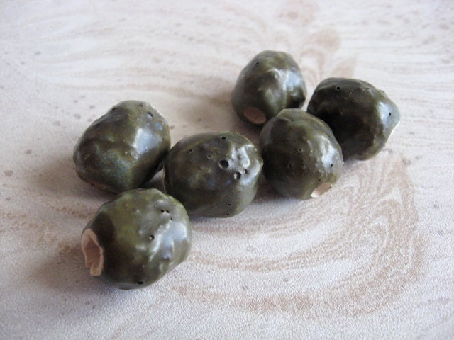 Set of Six Handmade Ceramic Oval Beads with texture in Olive Green