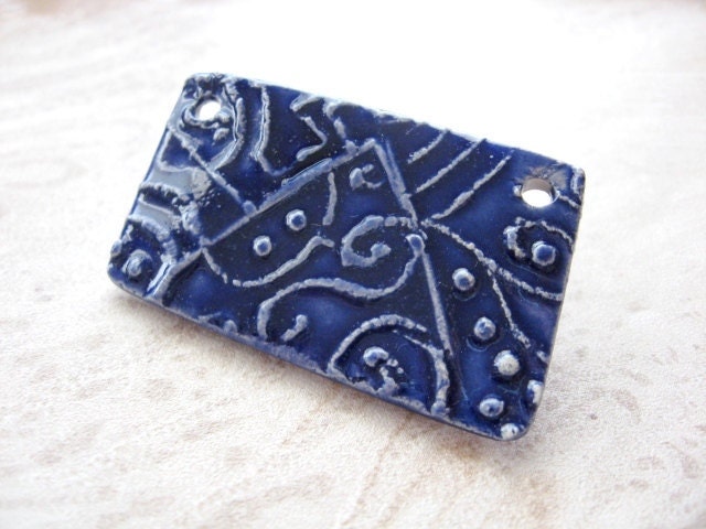 Handmade Ceramic Pendant Oblong in Bright Blue with Texture
