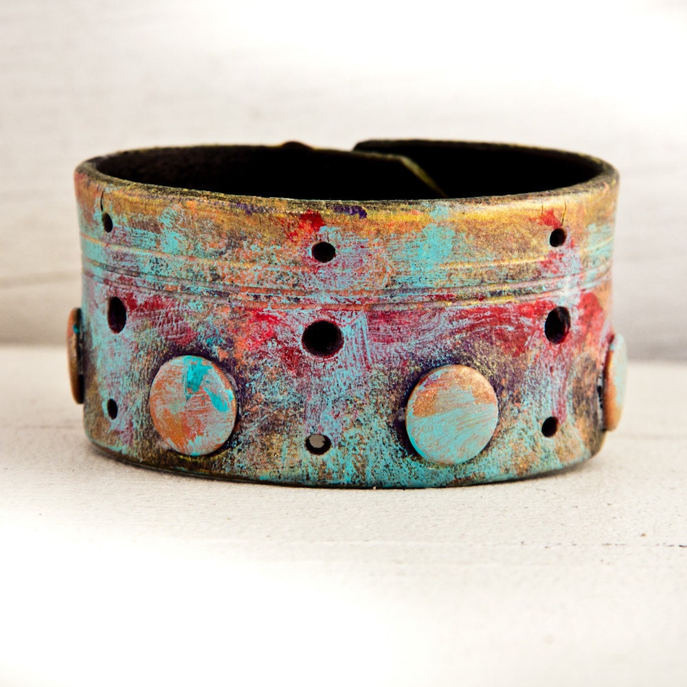 Pastel Funky Retro Leather Cuff OOAK