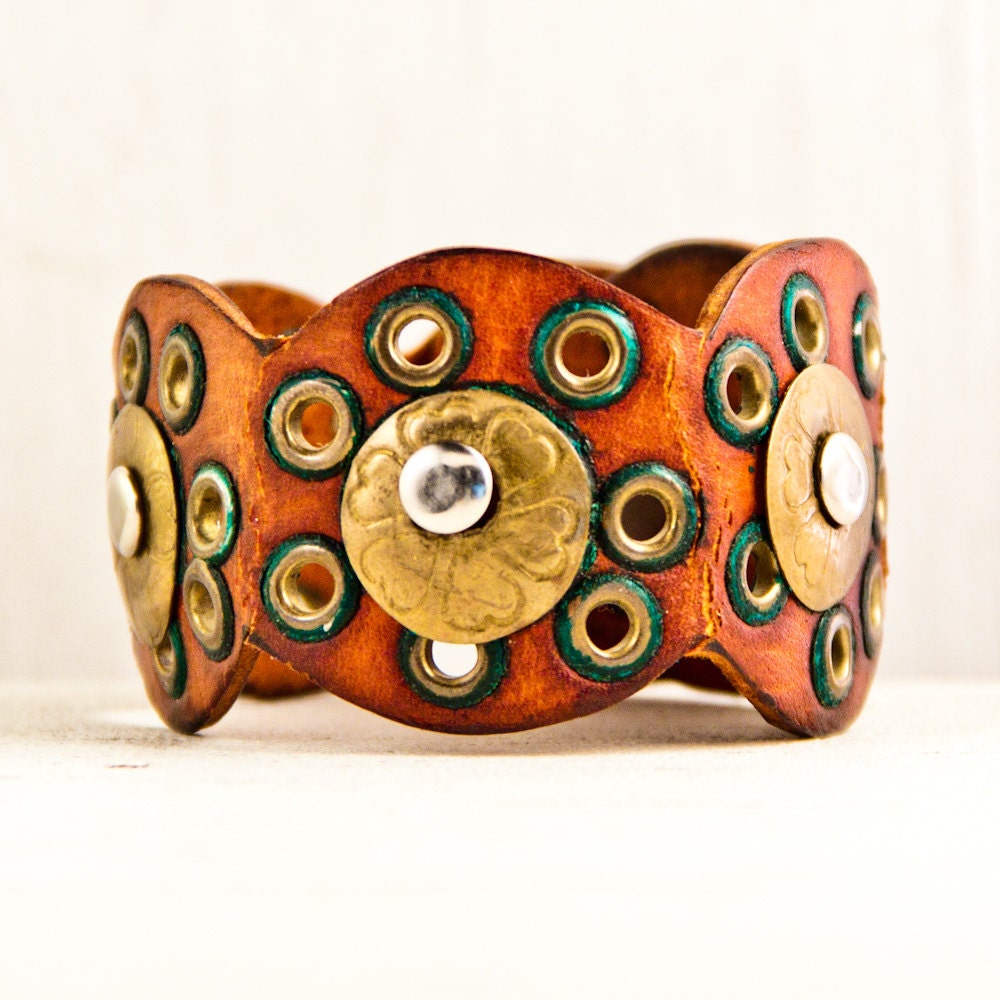 Christmas Gift Guide Rustic Leather Cuff Primitive Jewelry Metal Patina Handmade Holiday Sale