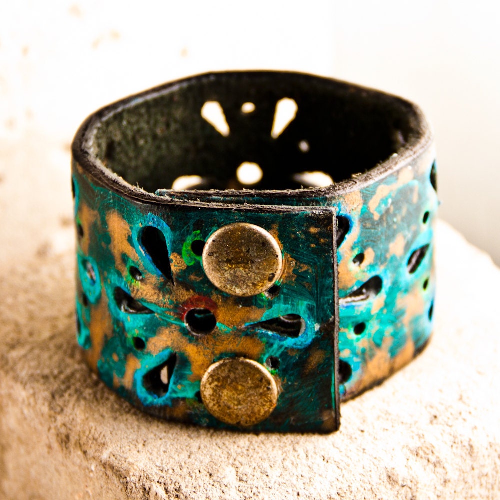 Unique Jewelry Leather Wrist Art Cuff OOAK