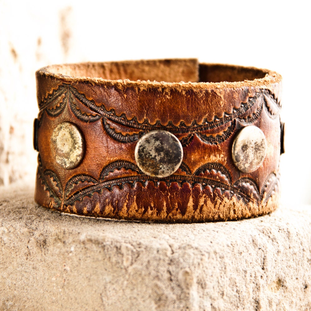 Brown Vintage Tooled Leather Bracelet Carved Stamped Embossed
