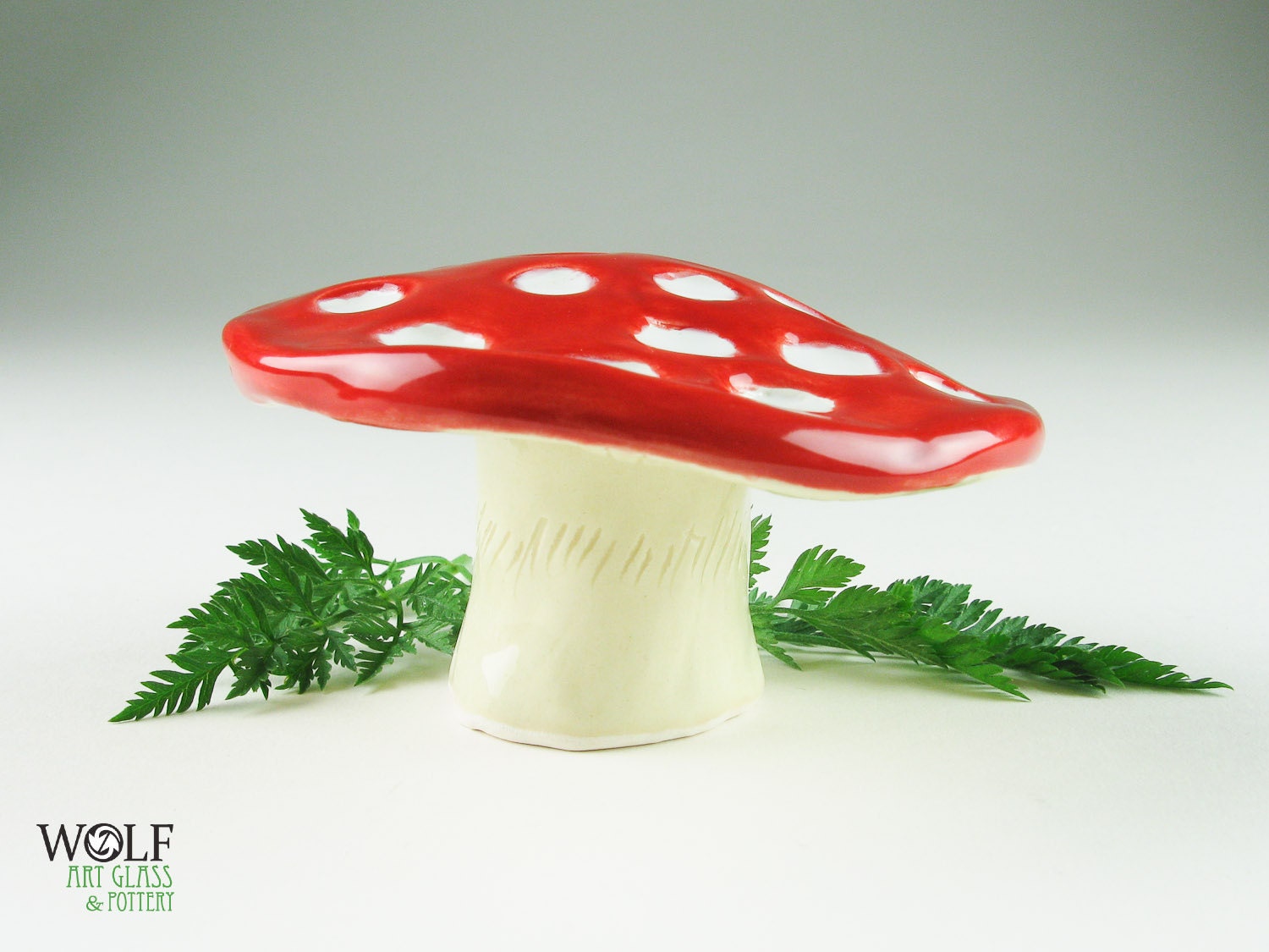 Pottery Mushroom Bright Cherry Red and White Polka Dot Terrarium Figurine