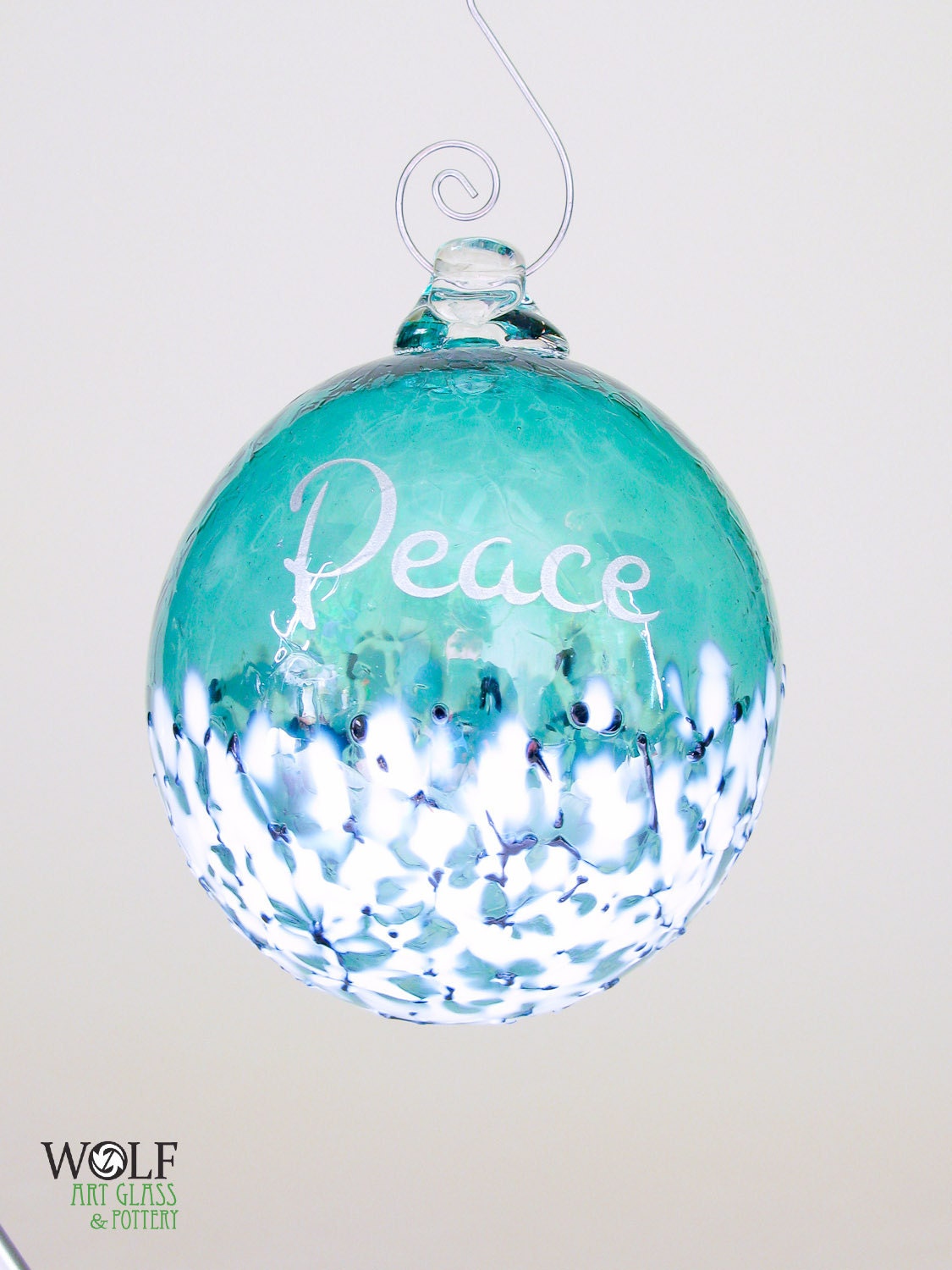 Glass Christmas Tree Ornament Silver Peace Etched Ball Deep Teal Blue ...