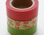 Washi Tape Set - 15mm - Combination CD - Pink and Green Floral - Three Rolls Washi Tape No. 247 / 57 / 227