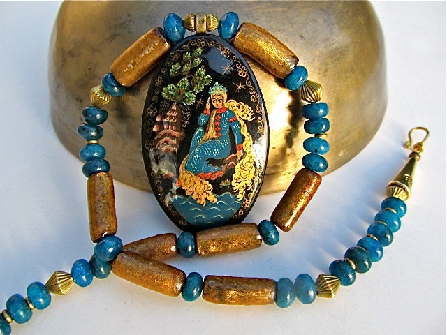 Rapunzel - Hand Painted Fairy Tale Pendant Necklace with Apatite and Gold Coral
