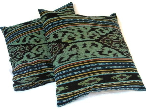 Ikat Cotton Blanket Pillow Cover 18x18, Set of 2, Green, Blue