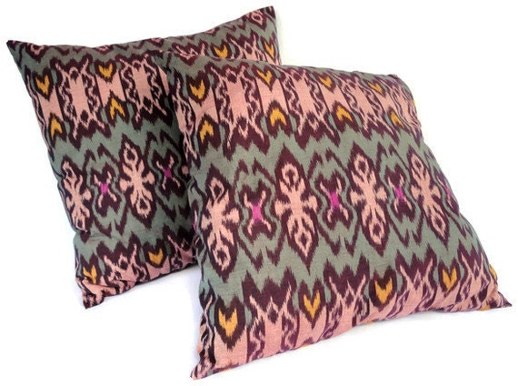 Ikat Pillows, Set of 2, 16x16, Green, Coral