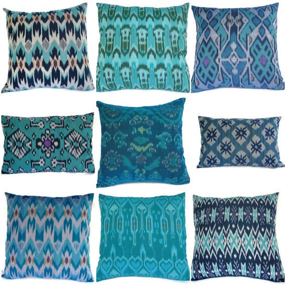 Ikat Pillows, Aqua, Teal, Turquoise, 16x16, 12x18, Set of 9