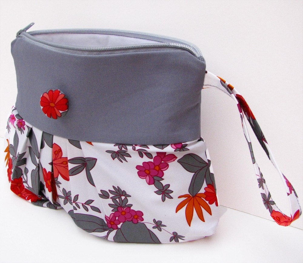 Pleated Wristlet / Clutch in Bright Floral Print on White FREE SHIPPING