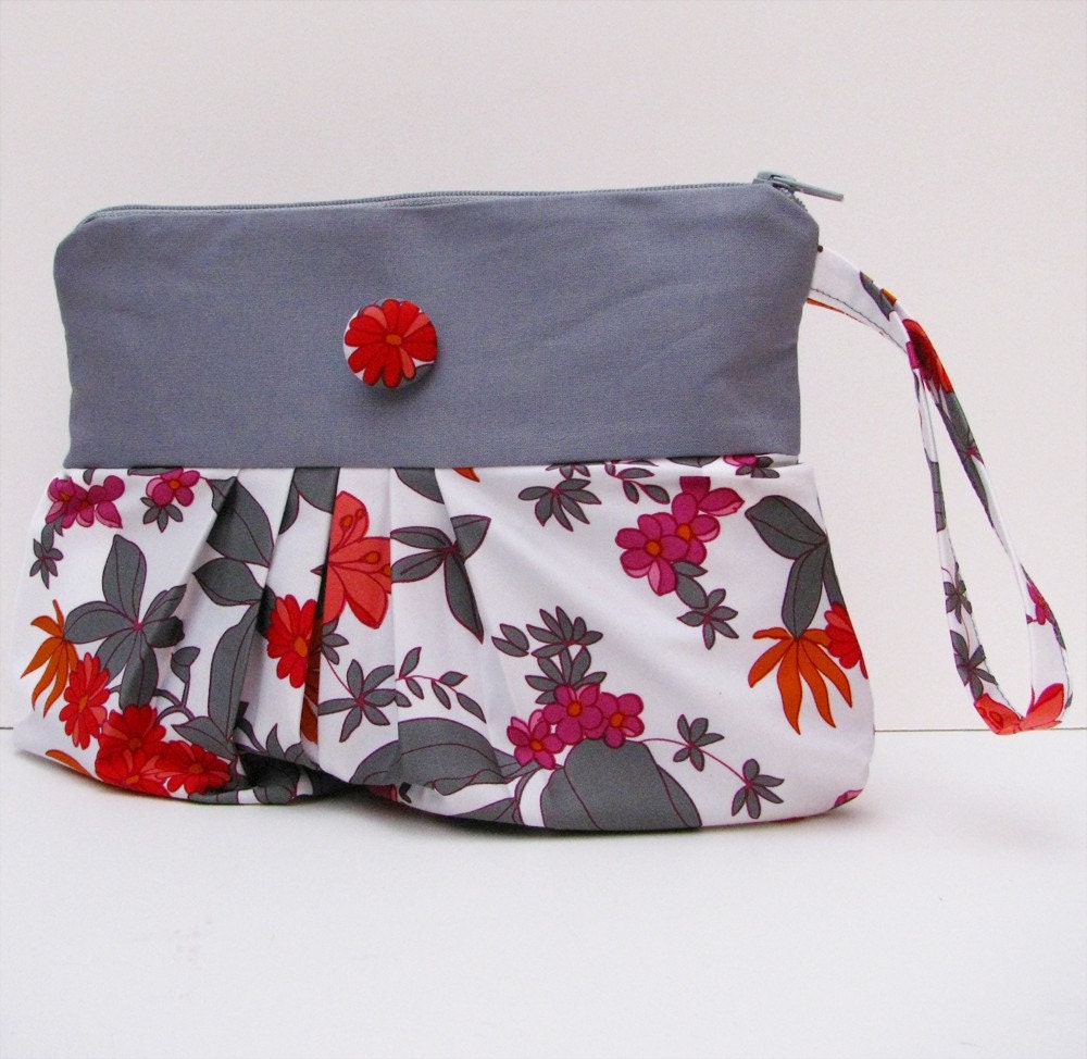 Pleated Wristlet / Clutch in Bright Floral Print on White FREE SHIPPING