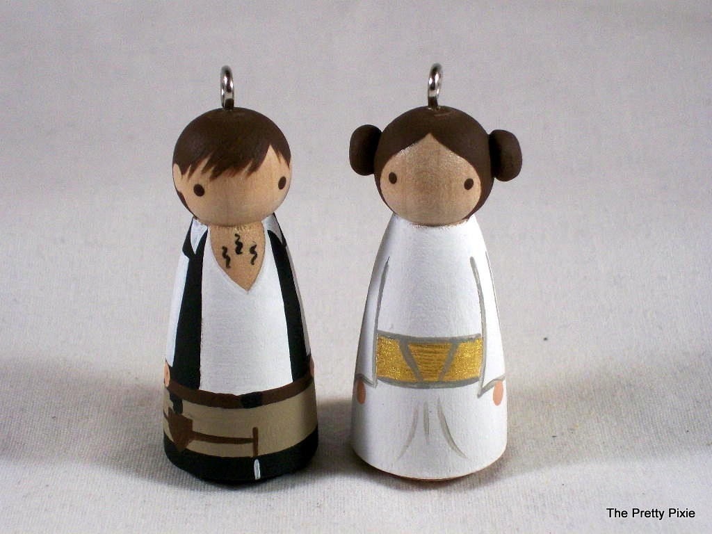 Mini Princess Leia Han Solo Wood Doll Holiday Ornaments