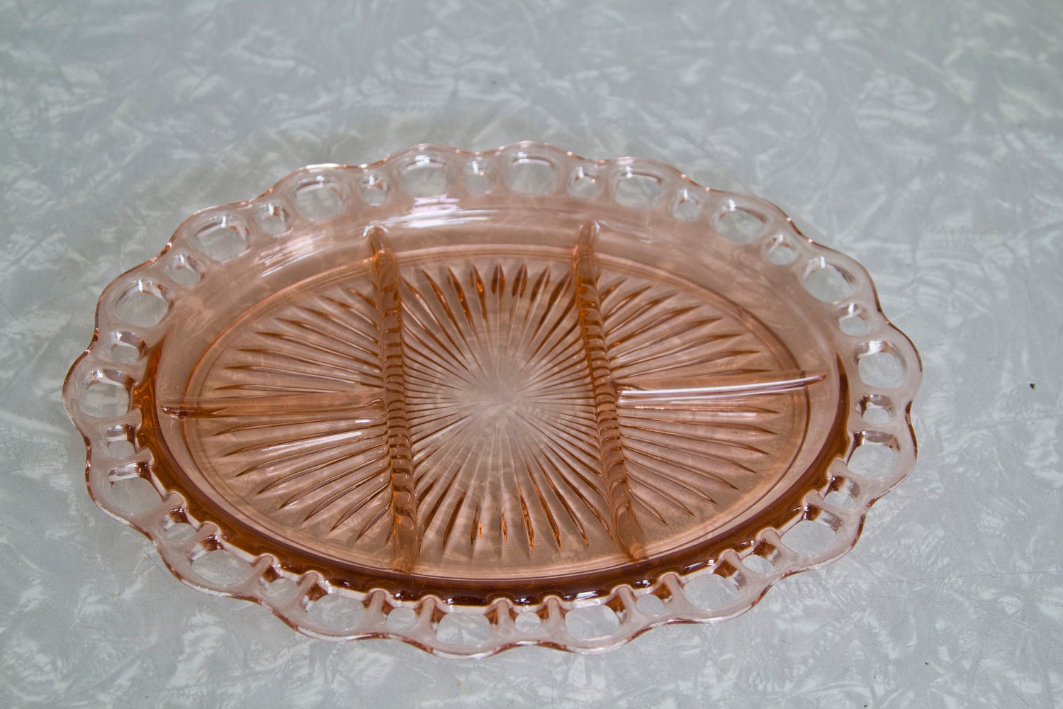 Items Similar To Pink Depression Glass Oval Divided Platter Scalloped Edge On Etsy 0776