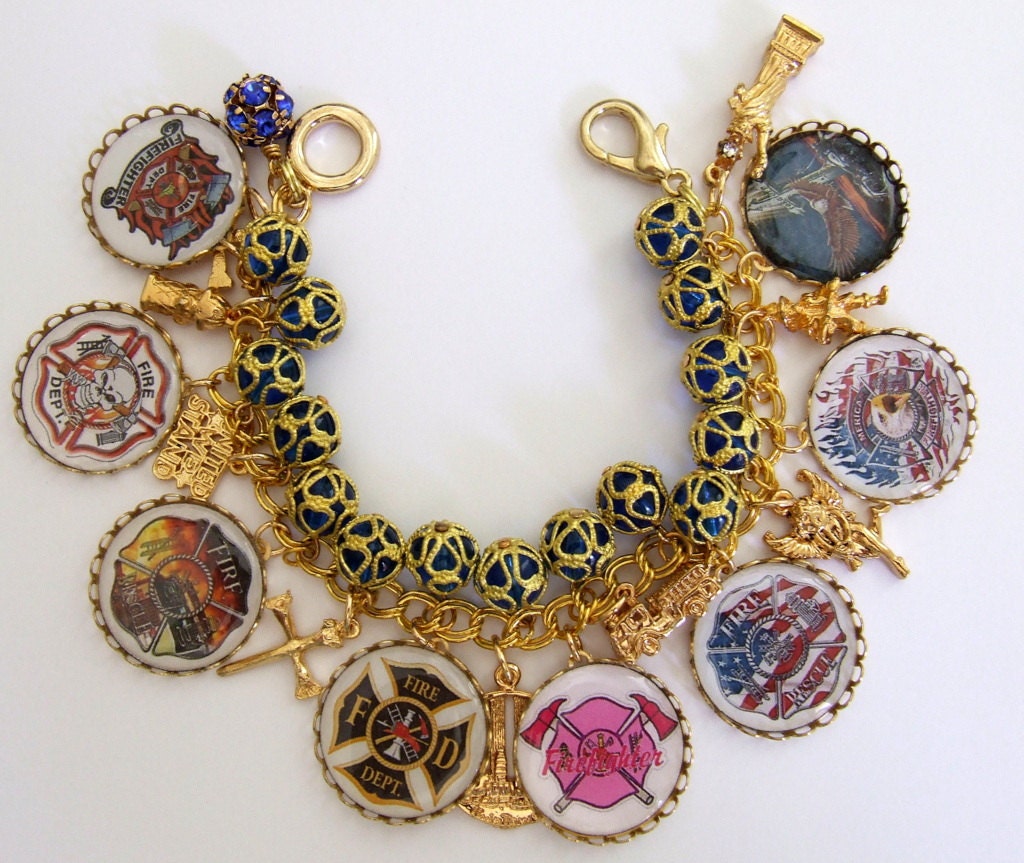Altered Art Dedicated to 9/11 Firefighters Brass Charm Bracelet OOAK