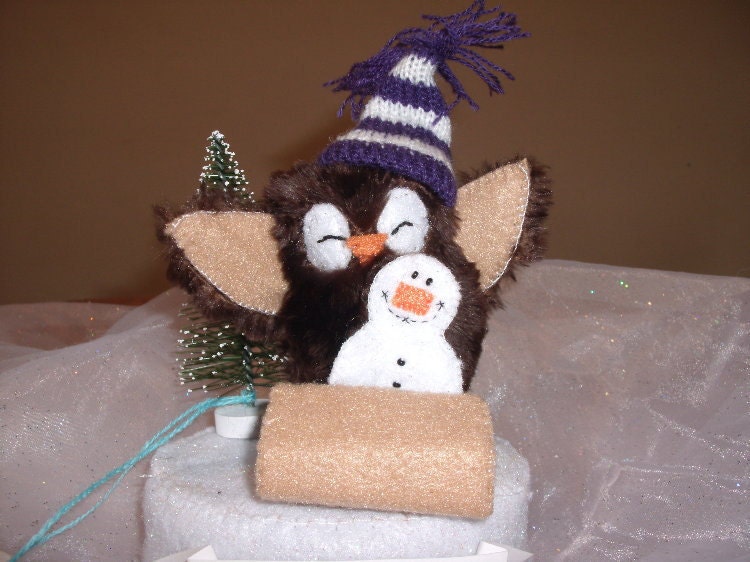 owl decoration christmas snowman plush OOAK fur felt Winter Art Doll MC