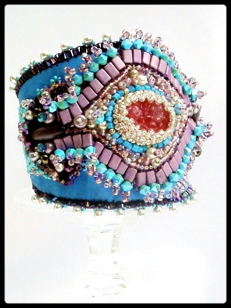 Turquoise fushia bead embroidered cuff , statement   bracelet , jewelry beadwork