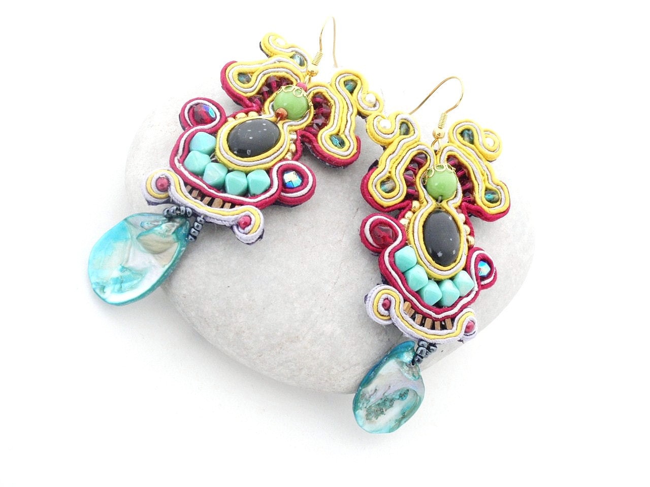 statement chandelier earrings - Copacabana color block , turquoise black and pink soutache , free shipping