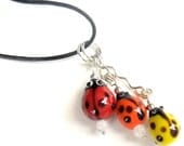 Ladybug pendant necklace "Me and My ladies" Leather, Glass Moonstone beads Gift for her under 25