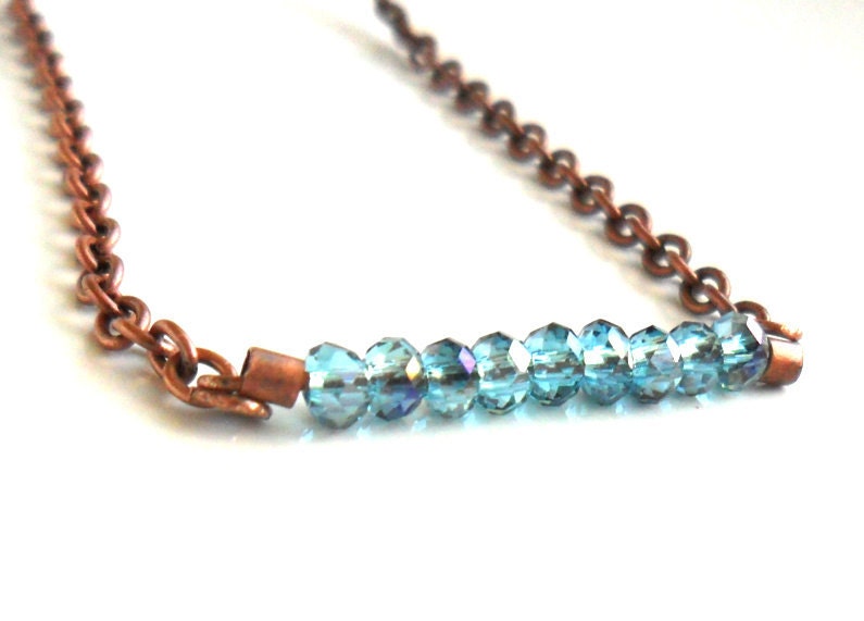 Delicate bar necklace Tiny blue faceted crystal  bar , Copper chain  jewelry for everyday, boho, minimalist - Daniblu