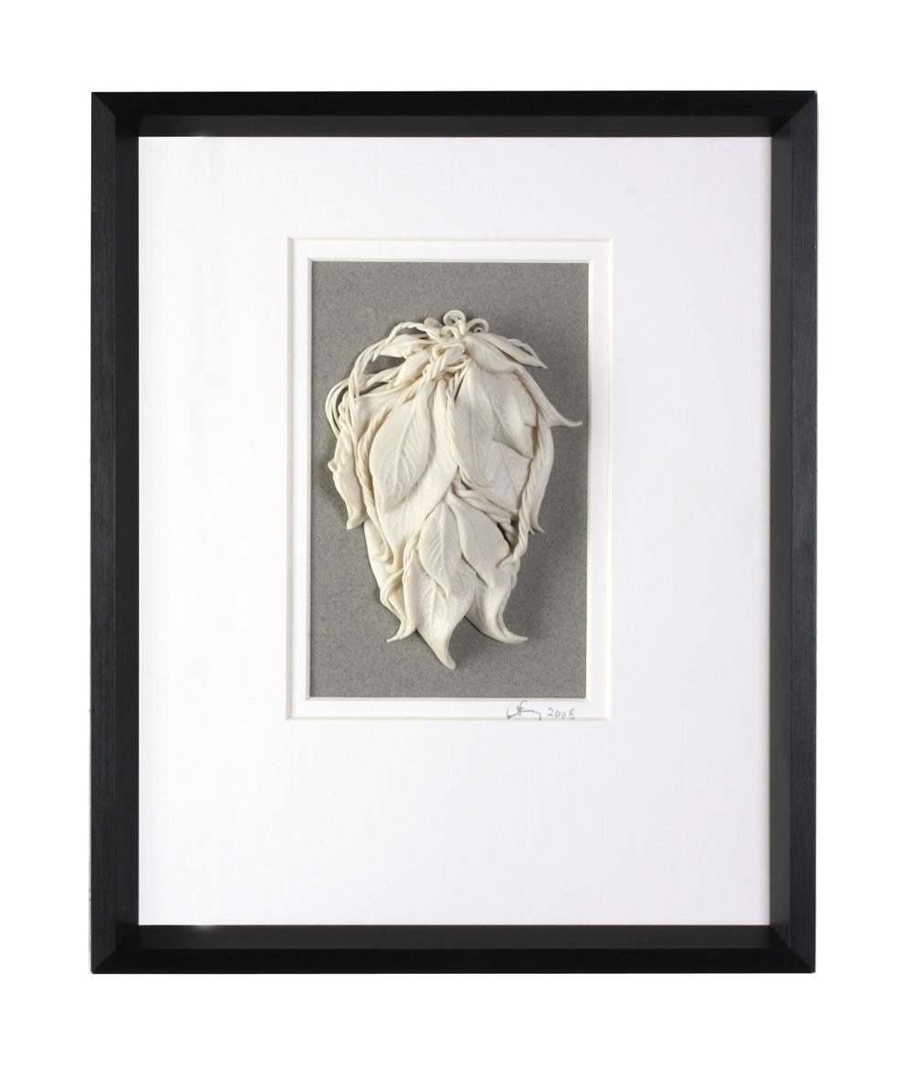 Ceramic  Art ,Mixed Media, 3D Wall Decor, Porcelain, Framed,  Leaf,    White,  Black,  Table top, Pottery