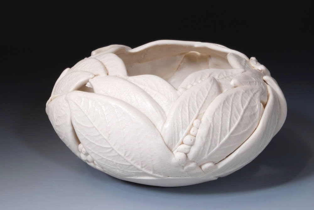 White Porcelain Ceramic Bowl - Leaf Pattern - Design by Whtieearthstudio