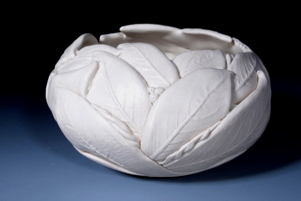 White Pottery Bowl -  Decorative Art - Leaf Texture - Modern -Contemporary- Porcelain - Ceramic Sculpture
