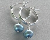 Tiny Sterling Silver Hoop with Blue Freshwater Pearl - Earrings