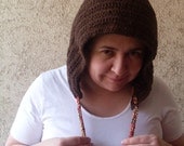 REDUCED Hand Crocheted Hat - Gift for her -- Brown Chocolate Pixie Hood Hat -  Ready to Ship