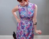 60's Lavender Floral Op Art Dress, M