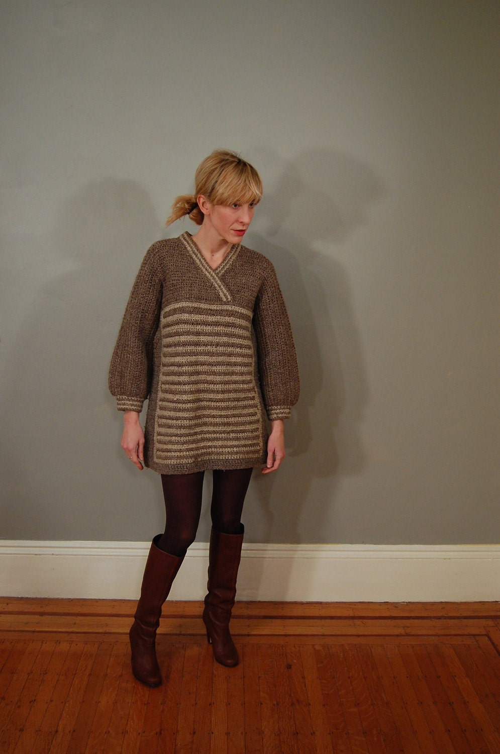 70's Chunky Knit Stone Mini Sweater Dress, S