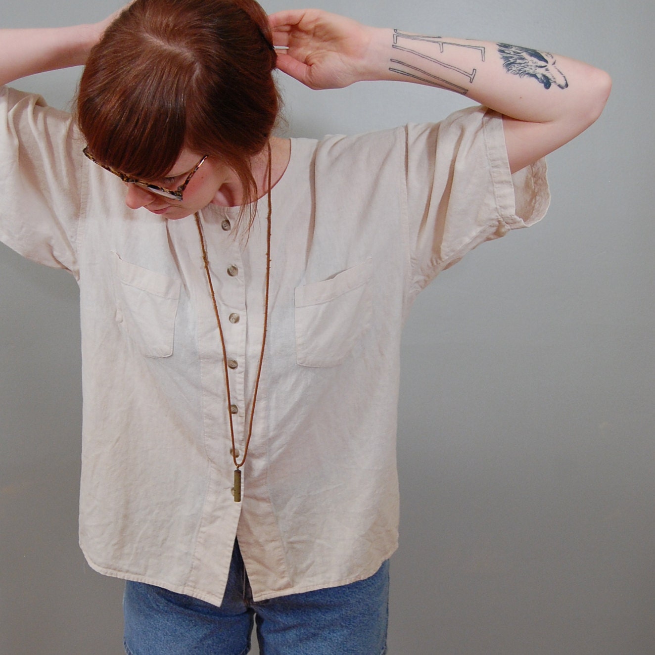 80's Cream Natural Silk Shirt, M/L