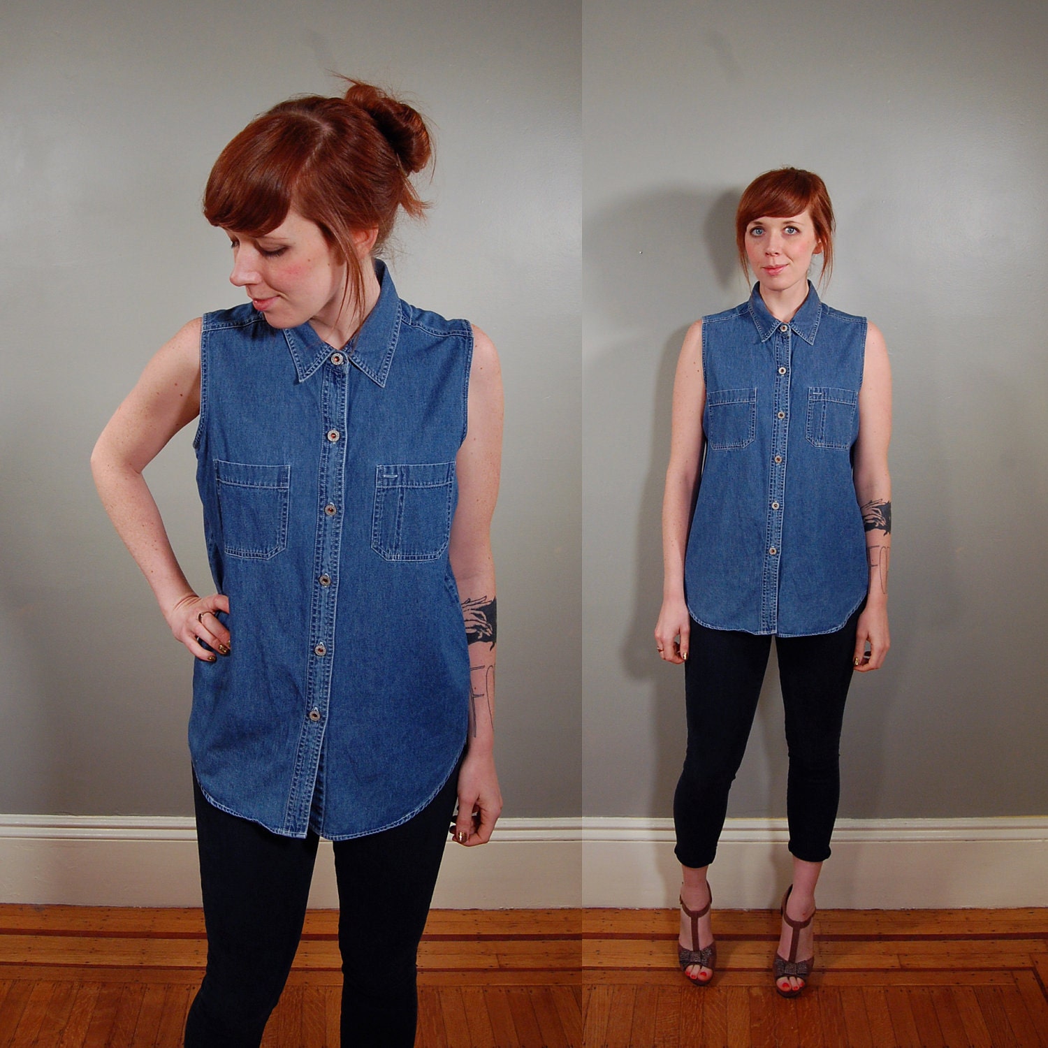 Early 90's Dark DENIM Summer Shirt, M