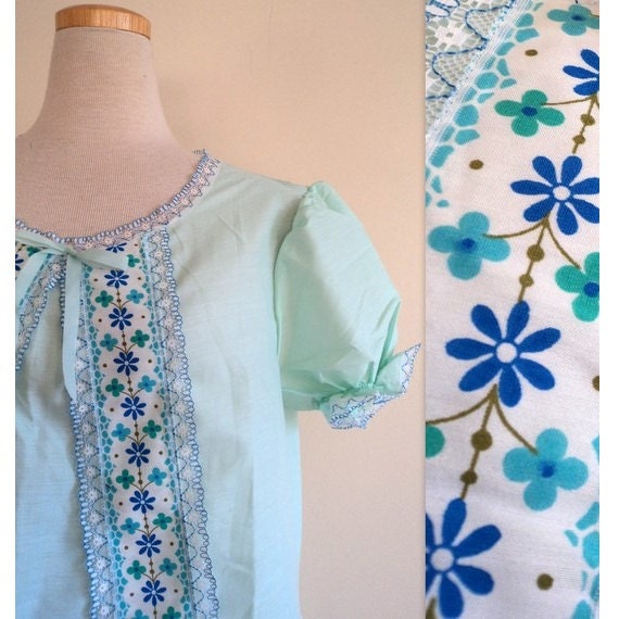 Vintage Babydoll Nightie // Blue Lace Floral Nightgown // Deadstock // With Tag // Italian Made