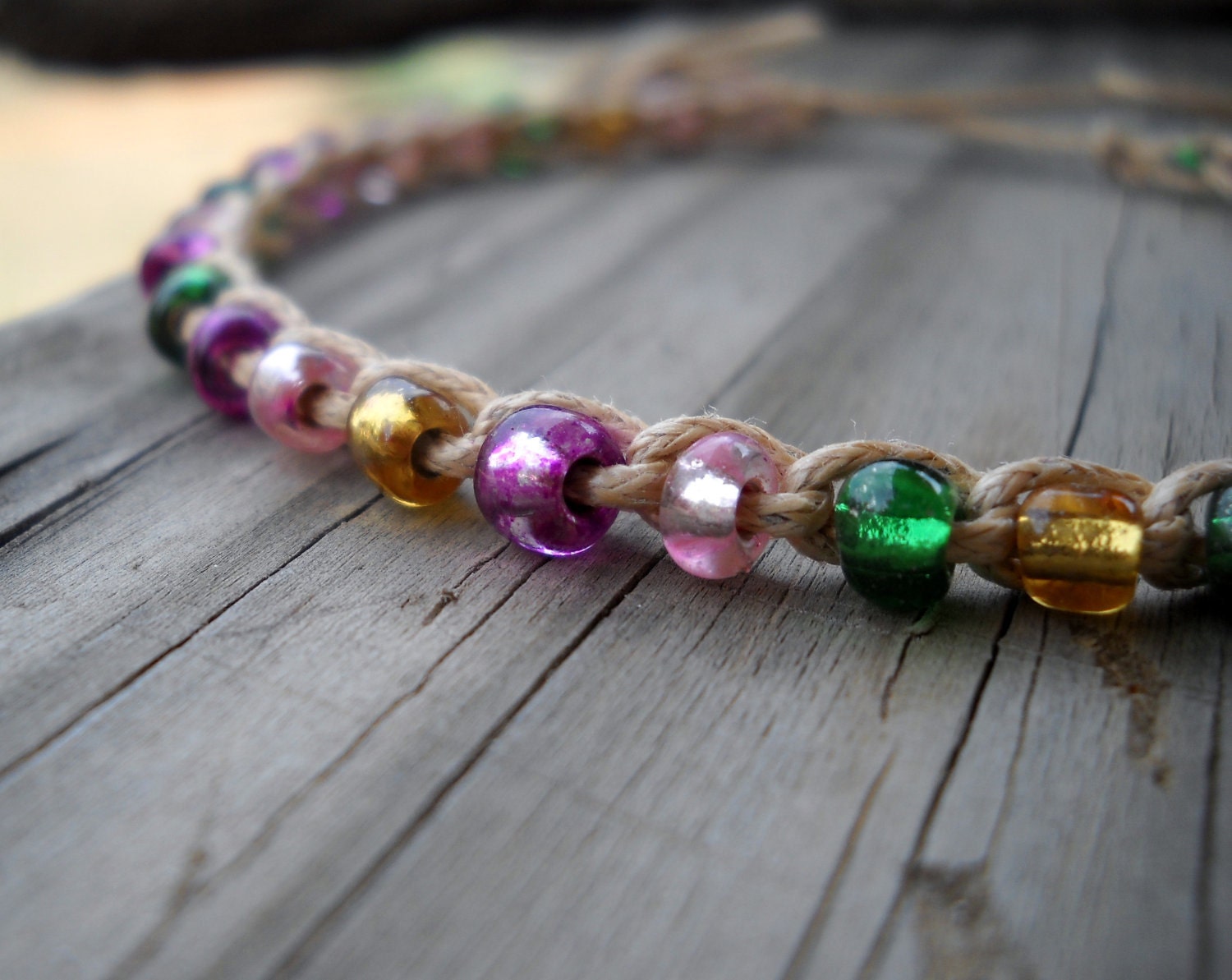 Anklet Crochet Cotton in Natural cotton and Multi colored beads Ties On Adjustable Length Durable